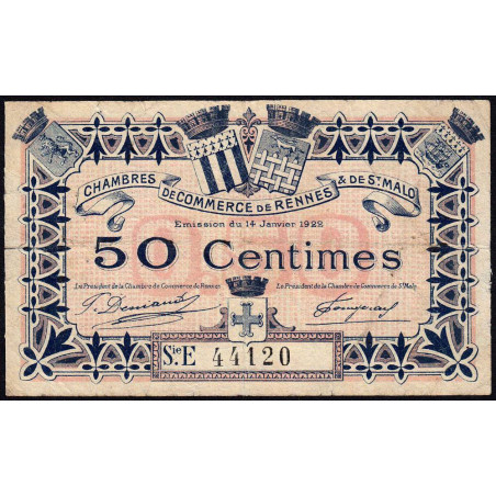 Rennes et Saint-Malo - Pirot 105-21 - 50 centimes - Série E - 14/01/1922 - Etat : TB