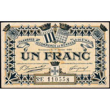 Rennes et Saint-Malo - Pirot 105-22 - 1 franc - Série E - 14/01/1922 - Etat : TTB