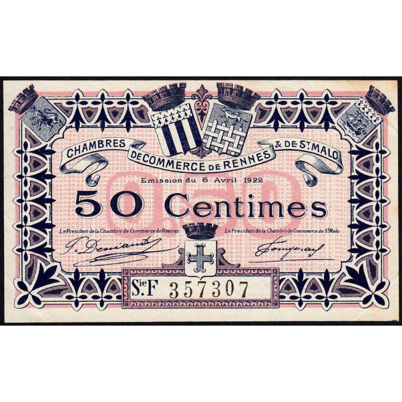 Rennes et Saint-Malo - Pirot 105-23 - 50 centimes - Série F - 06/04/1922 - Etat : SUP+