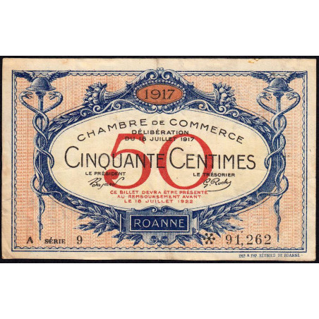 Roanne - Pirot 106-15 - 50 centimes - Série A 9 - 18/07/1917 - Etat : TB+