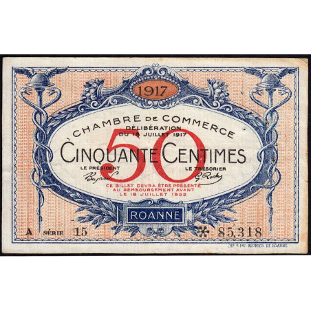 Roanne - Pirot 106-15 - 50 centimes - Série A 15 - 18/07/1917 - Etat : TTB
