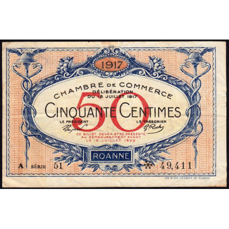 Roanne - Pirot 106-15 - 50 centimes - Série A 51 - 18/07/1917 - Etat : TB+