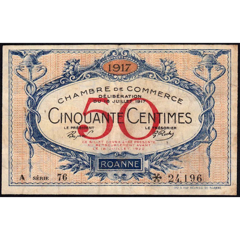 Roanne - Pirot 106-15 - 50 centimes - Série A 76 - 18/07/1917 - Etat : TB
