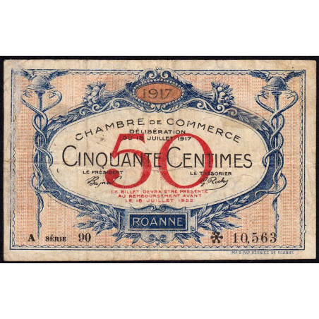 Roanne - Pirot 106-15 - 50 centimes - Série A 90 - 18/07/1917 - Etat : TB