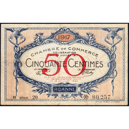 Roanne - Pirot 106-16 - 50 centimes - Série B 20 - 18/07/1917 - Etat : TTB
