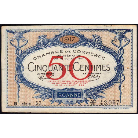 Roanne - Pirot 106-16 - 50 centimes - Série B 57 - 18/07/1917 - Etat : TTB-