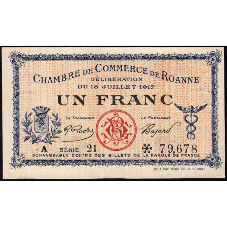 Roanne - Pirot 106-17 - 1 franc - Série A 21 - 18/07/1917 - Etat : TTB+