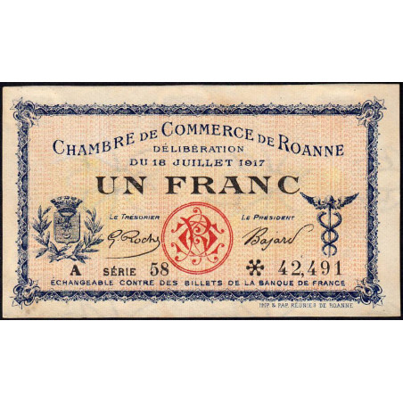 Roanne - Pirot 106-17 - 1 franc - Série A 58 - 18/07/1917 - Etat : SUP