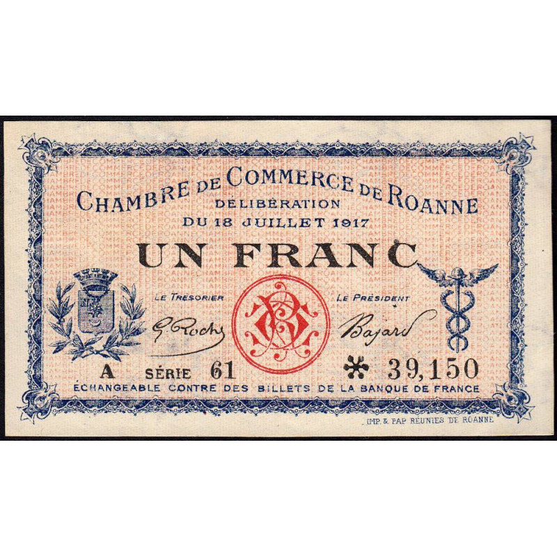 Roanne - Pirot 106-17 - 1 franc - Série A 61 - 18/07/1917 - Etat : SUP