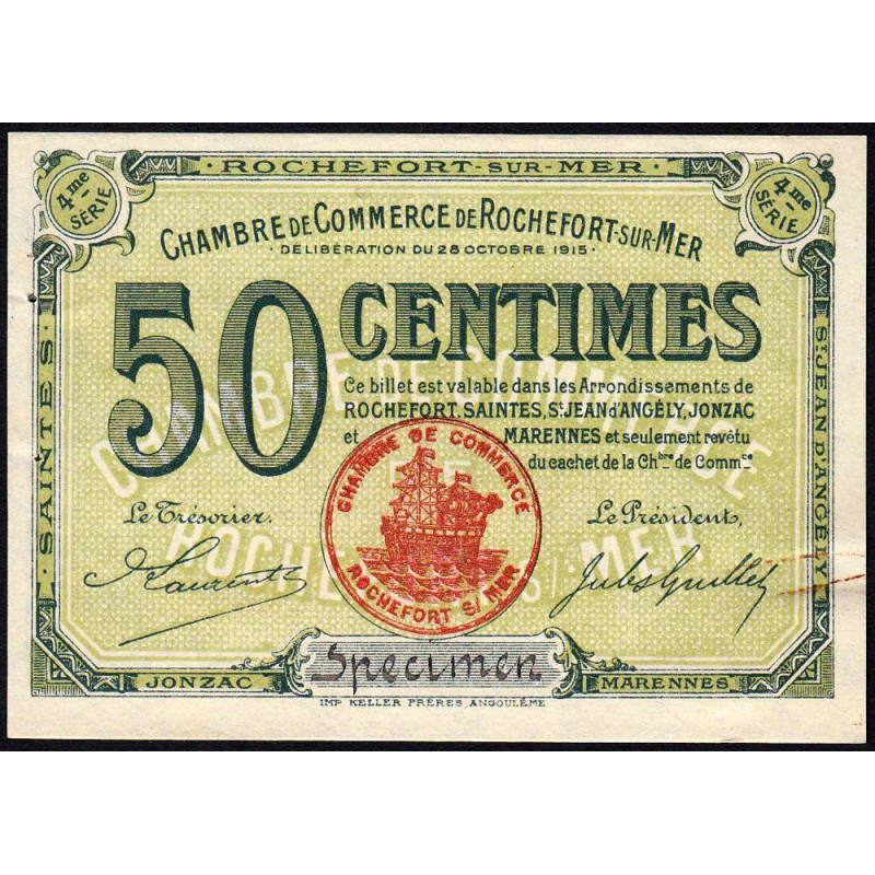 Rochefort-sur-Mer - Pirot non répertorié - 50 centimes - 4me Série - Spécimen - 28/10/1915 - Etat : SUP+