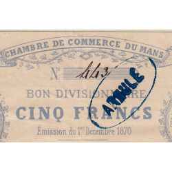 Le Mans - Chambre de Commerce - Jer 72.01B - 5 francs - 01/12/1870 - Etat : TTB