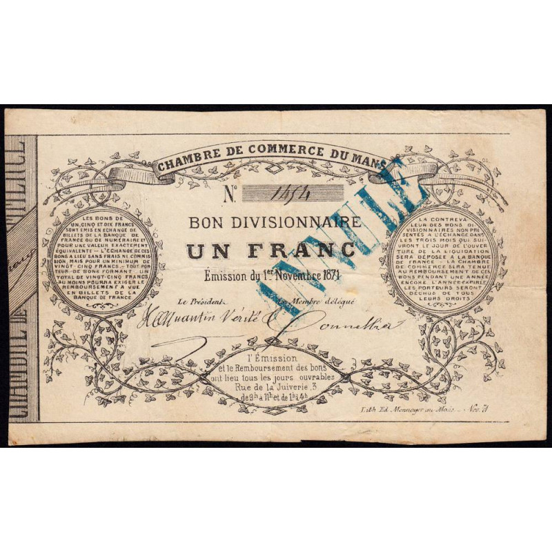 Le Mans - Chambre de Commerce - Jer 72.01C - 1 franc - 01/11/1871 - Etat : TB+