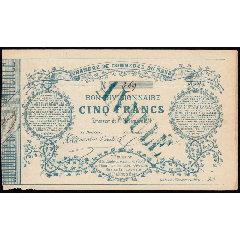 Le Mans - Chambre de Commerce - Jer 72.01D - 5 francs - 01/11/1871 - Etat : TTB