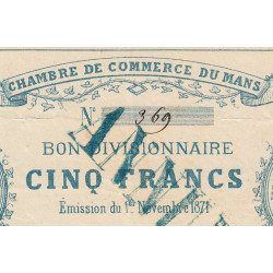 Le Mans - Chambre de Commerce - Jer 72.01D - 5 francs - 01/11/1871 - Etat : TTB