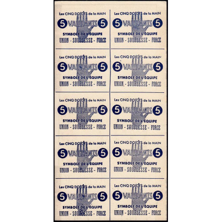 Feuille de 10 billets de 5 vaillants - 1ère série /C - 1943 - Etat : pr.NEUF