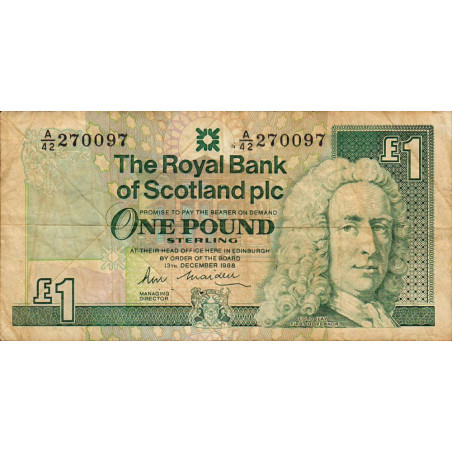 Ecosse - Pick 351a_1 - 1 pound sterling - Série A/42 - 13/12/1988 - Etat : TB-