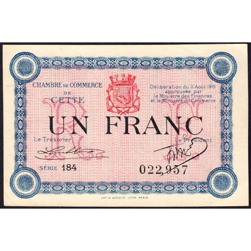 Cette (Sète) - Pirot 41-14 - 1 franc - Série 184 - 11/08/1915 - Etat : SPL