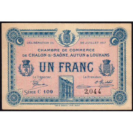 Chalon-sur-Saône, Autun, Louhans - Pirot 42-14 - 1 franc - Série C 109 - 25/07/1917 - Etat : TTB