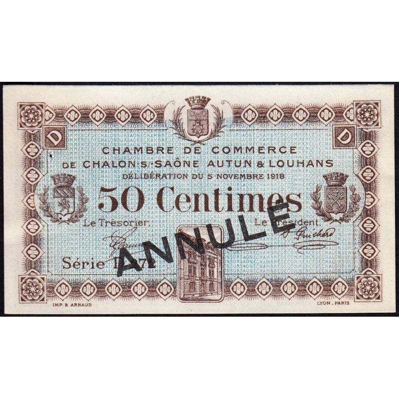 Chalon-sur-Saône, Autun, Louhans - Pirot 42-17 - 50 centimes - Série D 272 - 05/11/1918 - Annulé - Etat : SUP+