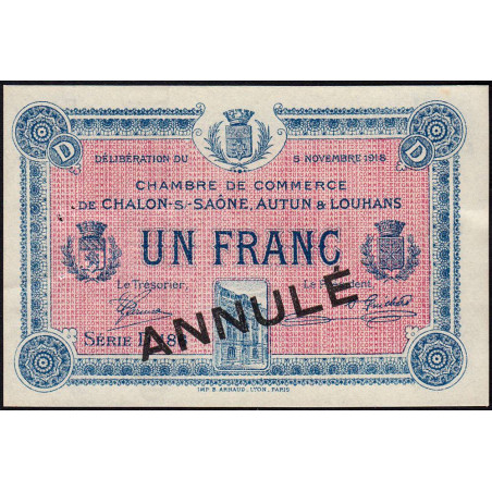 Chalon-sur-Saône, Autun, Louhans - Pirot 42-19 - 1 franc - Série D 186 - 05/11/1918 - Annulé - Etat : SUP