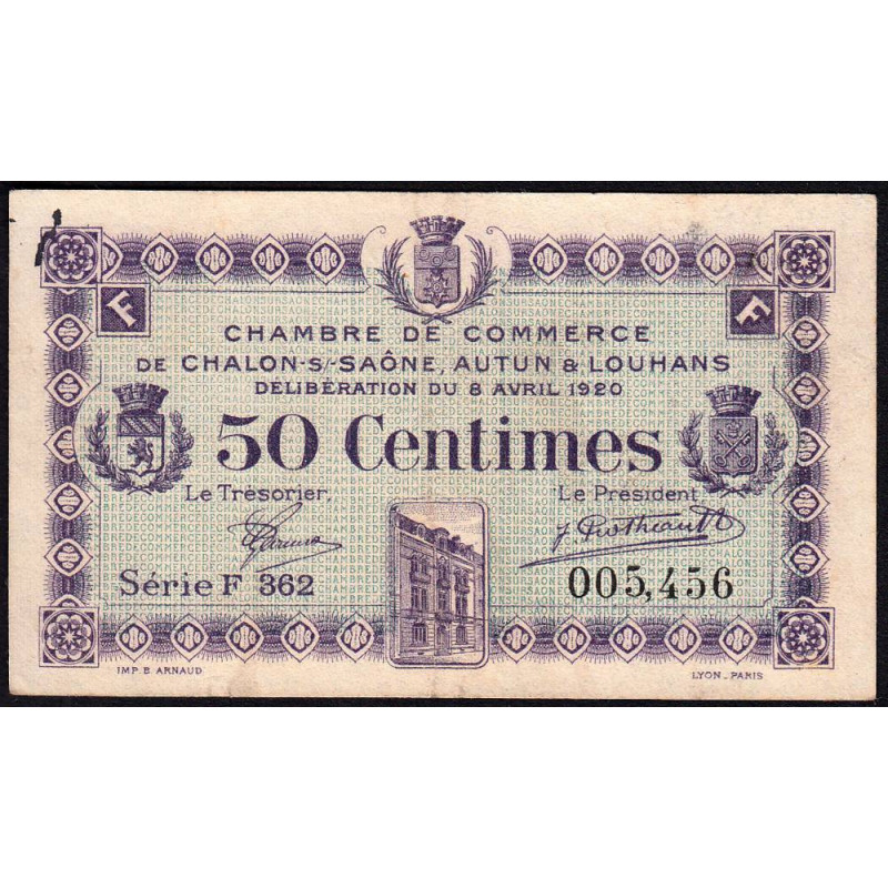 Chalon-sur-Saône, Autun, Louhans - Pirot 42-24 - 50 centimes - Série F 362 - 08/04/1920 - Etat : TTB