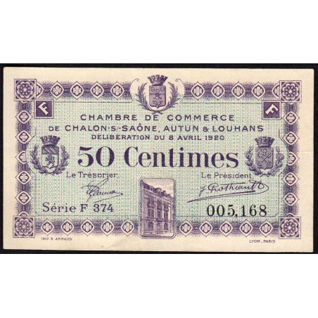 Chalon-sur-Saône, Autun, Louhans - Pirot 42-24 - 50 centimes - Série F 374 - 08/04/1920 - Etat : TTB+