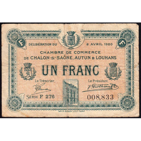 Chalon-sur-Saône, Autun, Louhans - Pirot 42-26 - 1 franc - Série F 276 - 08/04/1920 - Etat : TB