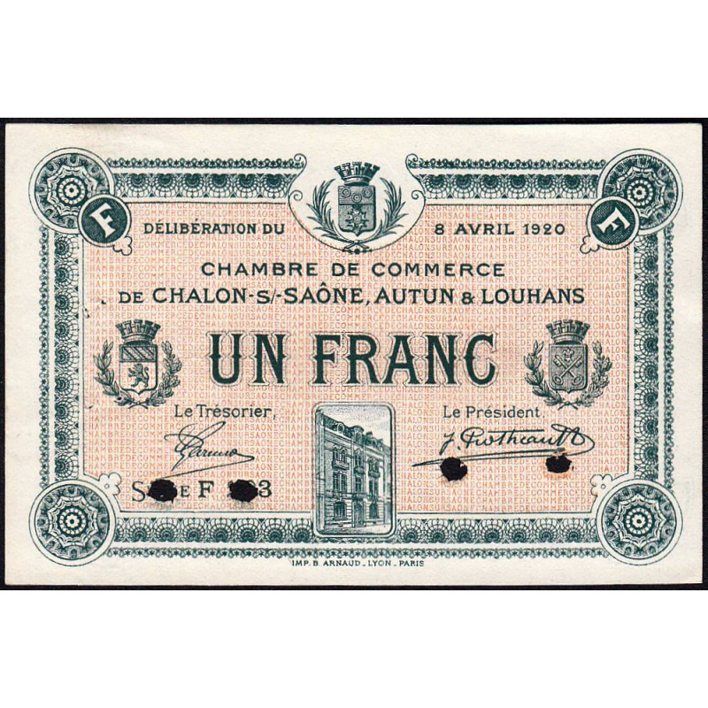 Chalon-sur-Saône, Autun, Louhans - Pirot 42-27 - 1 franc - Série F 2.3 - 08/04/1920 - Spécimen - Etat : SUP