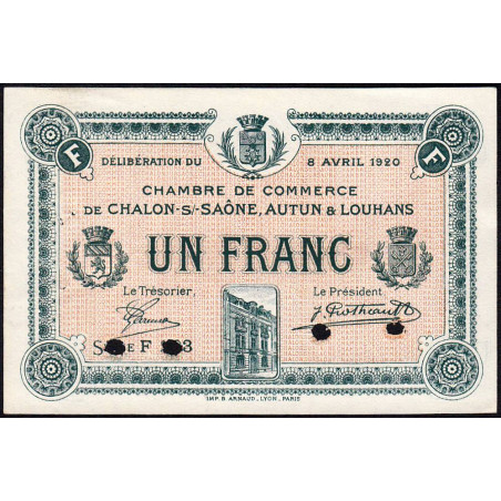 Chalon-sur-Saône, Autun, Louhans - Pirot 42-27 - 1 franc - Série F 2.3 - 08/04/1920 - Spécimen - Etat : SUP