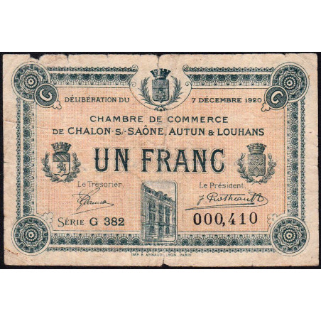 Chalon-sur-Saône, Autun, Louhans - Pirot 42-30 - 1 franc - Série G 382 - 07/12/1920 - Etat : B
