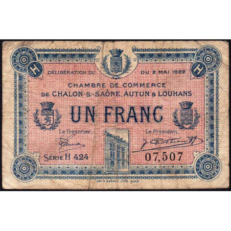 Chalon-sur-Saône, Autun, Louhans - Pirot 42-35 - 1 franc - Série H 424 - 02/05/1922 - Etat : B