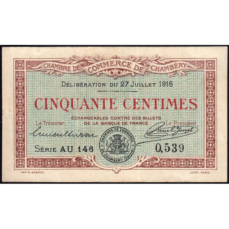Chambéry - Pirot 44-8 - 50 centimes - Série AU 146 - 27/07/1916 - Etat : TTB