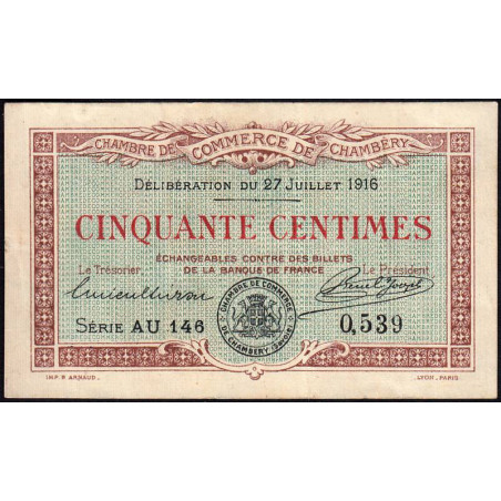 Chambéry - Pirot 44-8 - 50 centimes - Série AU 146 - 27/07/1916 - Etat : TTB