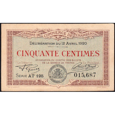 Chambéry - Pirot 44-12 - 50 centimes - Série AT 195 - 12/04/1920 - Etat : SUP