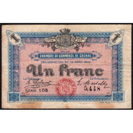 Cognac - Pirot 49-3 - 1 franc - Série 105 - 19/08/1916 - Etat : TB-