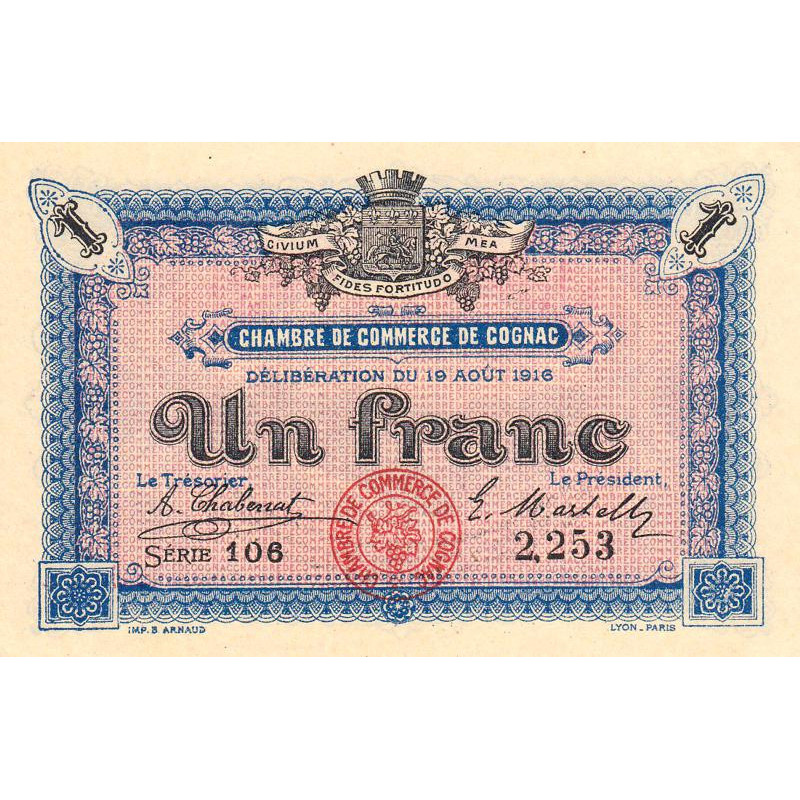 Cognac - Pirot 49-3 - 1 franc - Série 106 - 19/08/1916 - Etat : SPL