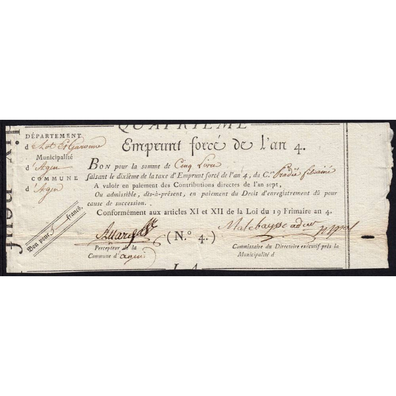Lot-et-Garonne - Agen - Révolution - 1795 - Emprunt forcé de l'an IV - 5 francs - Etat : TTB