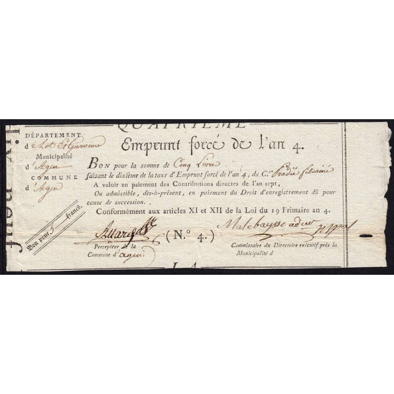 Lot-et-Garonne - Agen - Révolution - 1795 - Emprunt forcé de l'an IV - 5 francs - Etat : TTB