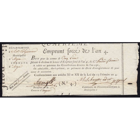 Lot-et-Garonne - Agen - Révolution - 1795 - Emprunt forcé de l'an IV - 5 francs - Etat : TTB