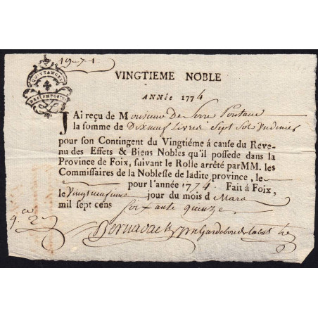 Ariège - Foix - Louis XVI - 1775 - Vingtième des Nobles - 19 livres - Etat : SUP