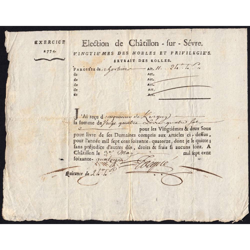 Deux-Sèvres - Mauléon - Louis XV - Vingtième des Nobles 1774 - 24 livres - Etat : TTB