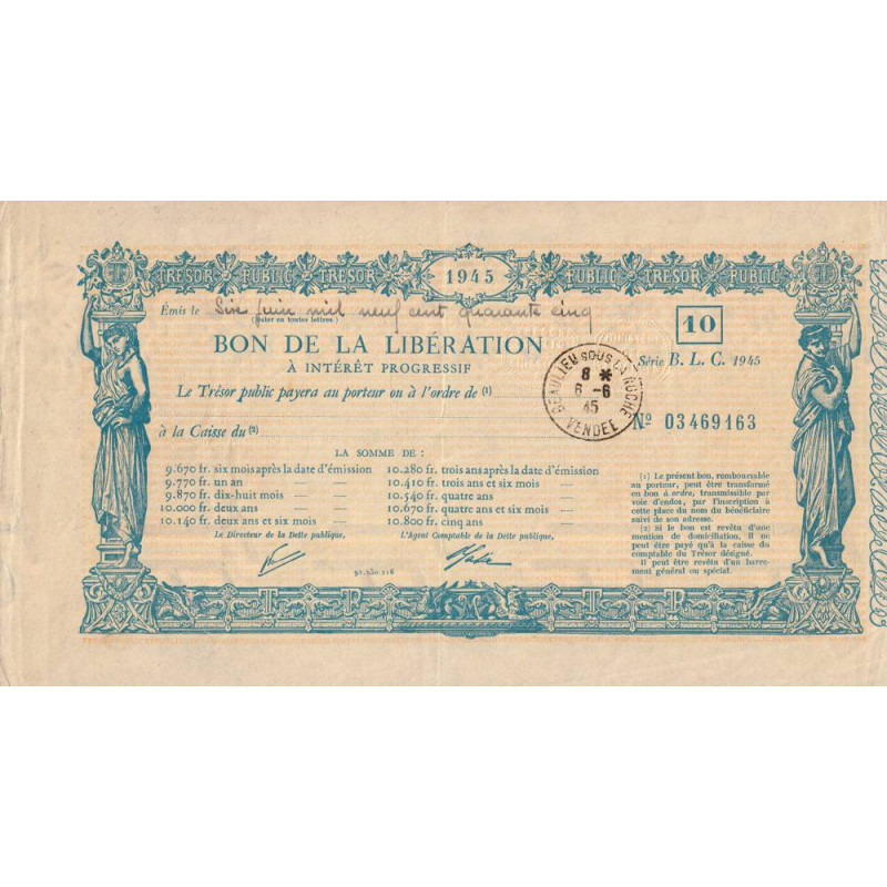 85 - Beaulieu-sous-la-Roche - Bon de la Libération - 1945 - 10'000 francs - Etat : TTB+