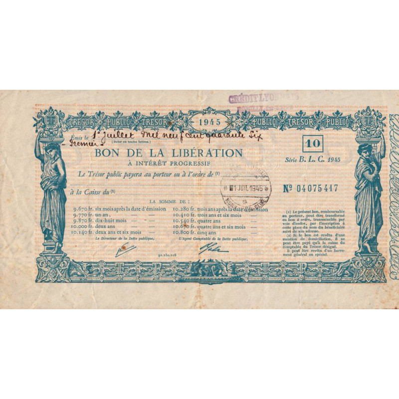 10 - Romilly-sur-Seine - Bon de la Libération - 1945 - 10'000 francs - Etat : TTB-