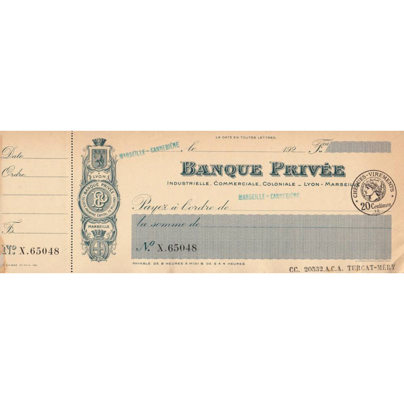 Banque Privée - Marseille - 1927 - Etat : SUP
