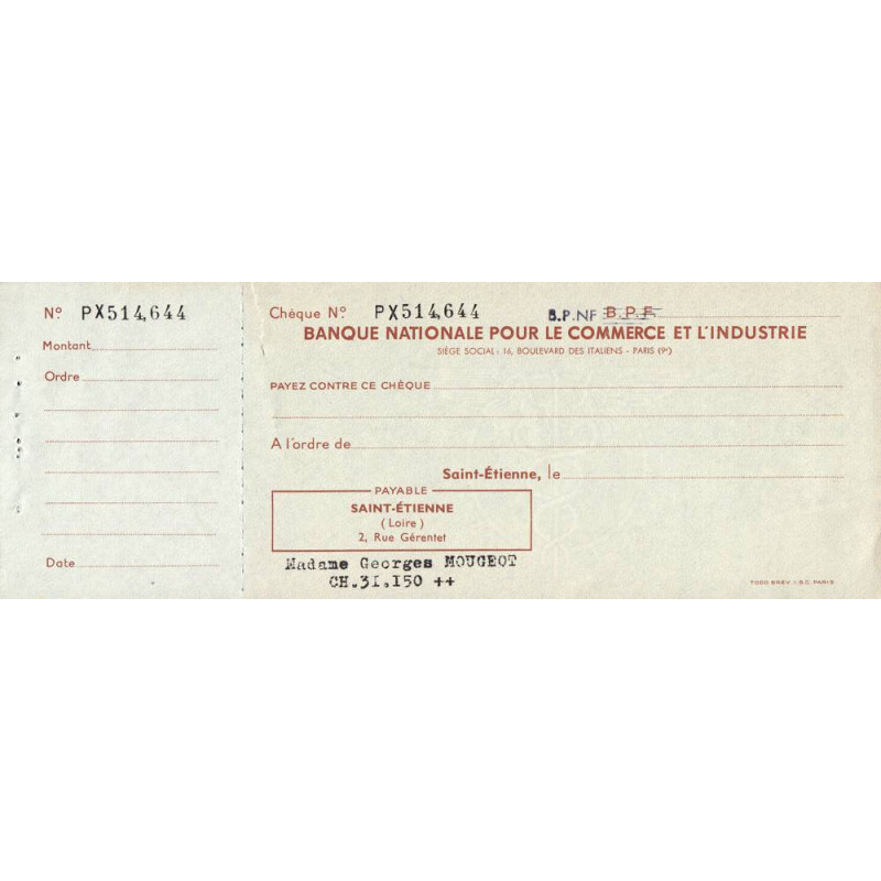Banque Nationale pour le Commerce et l'industrie - St-Etienne - 1960 - Etat : TTB