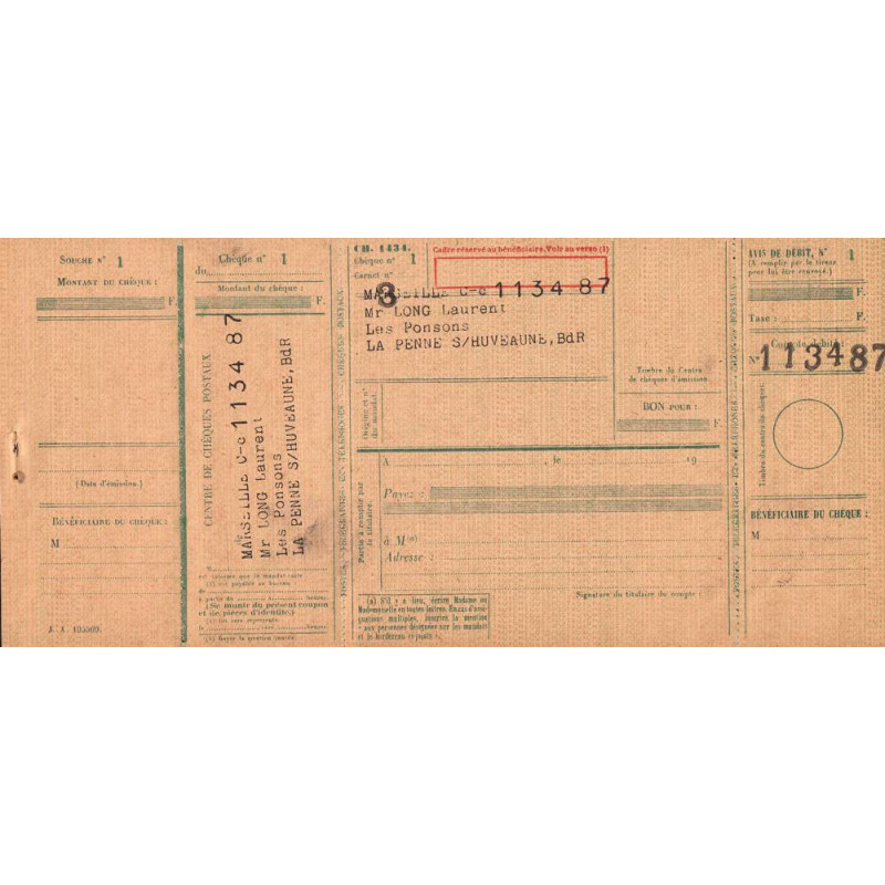 Chèque Postal - La Penne-sur-Huveaune - 1956 - Etat : TTB+