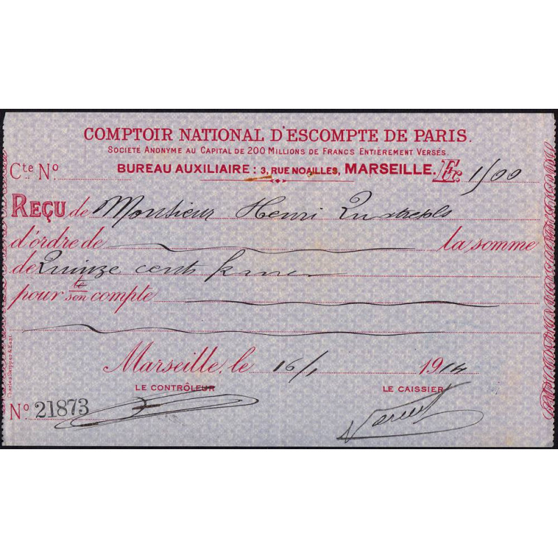 Comptoir National d'Escompte de Paris - Marseille - 1914 - Etat : SUP