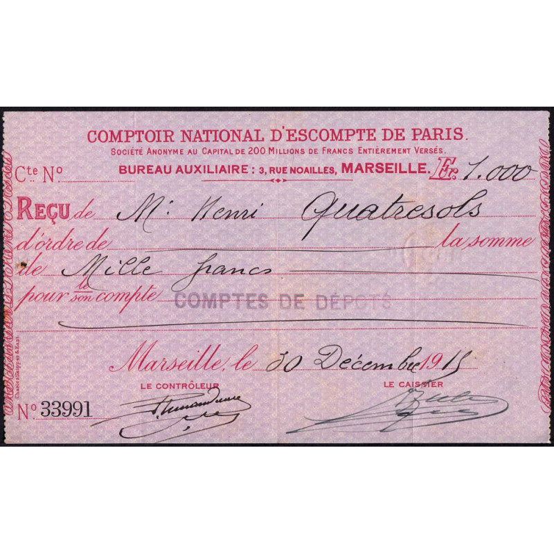 Comptoir National d'Escompte de Paris - Marseille - 1915 - Etat : SUP