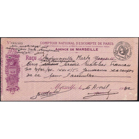 Comptoir National d'Escompte de Paris - Marseille - 1932 - Etat : TB-