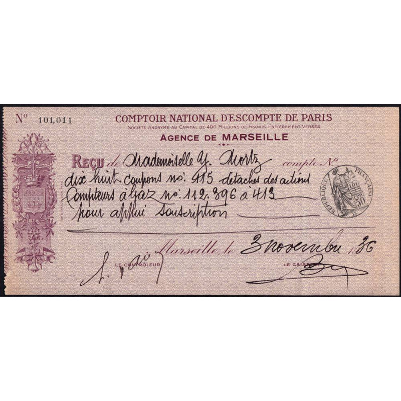 Comptoir National d'Escompte de Paris - Marseille - 1936 - Etat : TTB